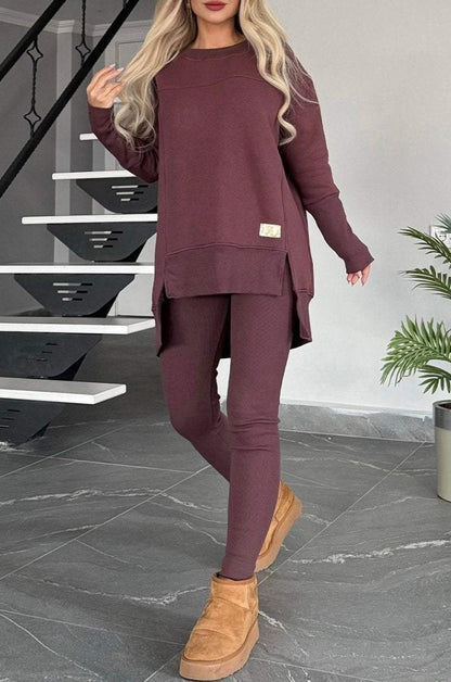 Women's Slit Long Sleeve Top And Trousers Suit - DropOnline.co