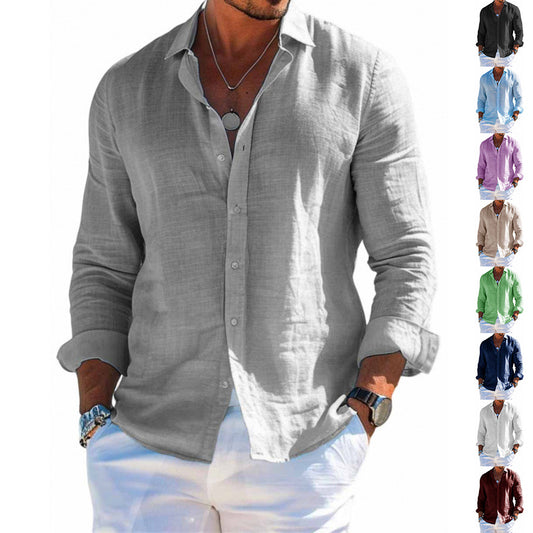 Men's Long Sleeve Casual Loose Lapel Button Shirt - Solid Color Plus Size Top