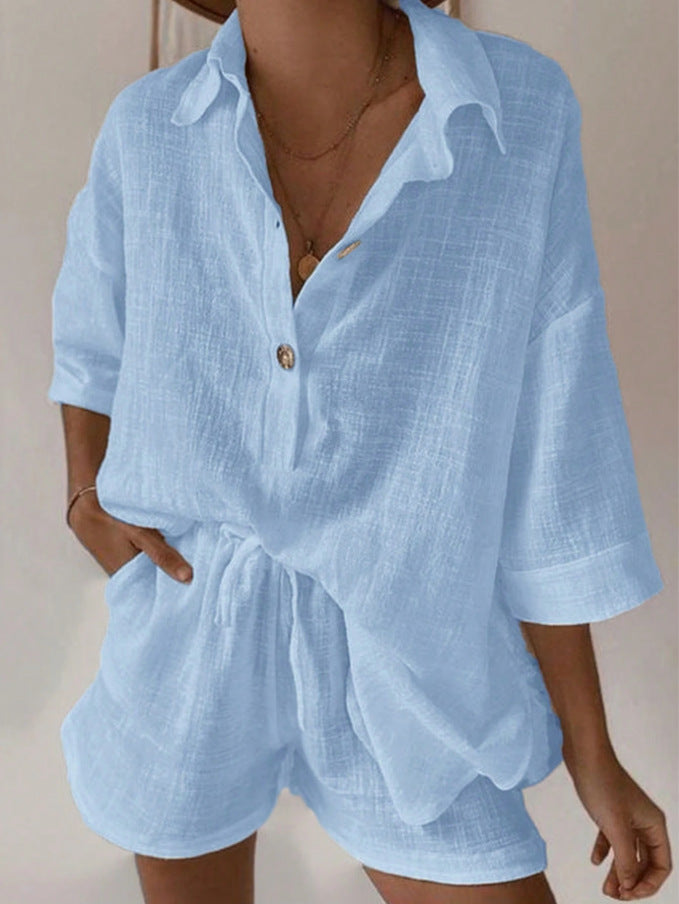 Women's Casual White Lapel T-Shirt Shorts Two Piece Set