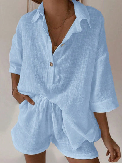 Women's Casual White Lapel T-Shirt Shorts Two Piece Set