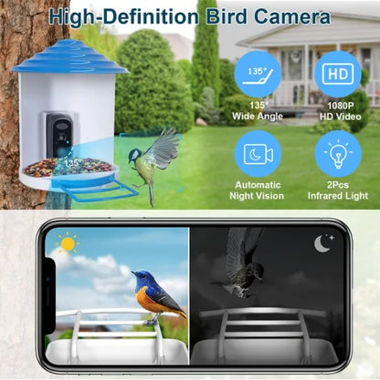 Smart Bird Feeder With Solar Powered Camera 1080P HD AI Identify PIR Motion Auto Capture Video Cloud Card Storage WiFi Connection App Control IP65 Waterproof - DropOnline.co