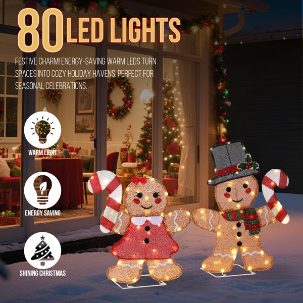 Set of 2 Lighted Gingerbread Man & Candy Cane - 80 LED Christmas Decorations