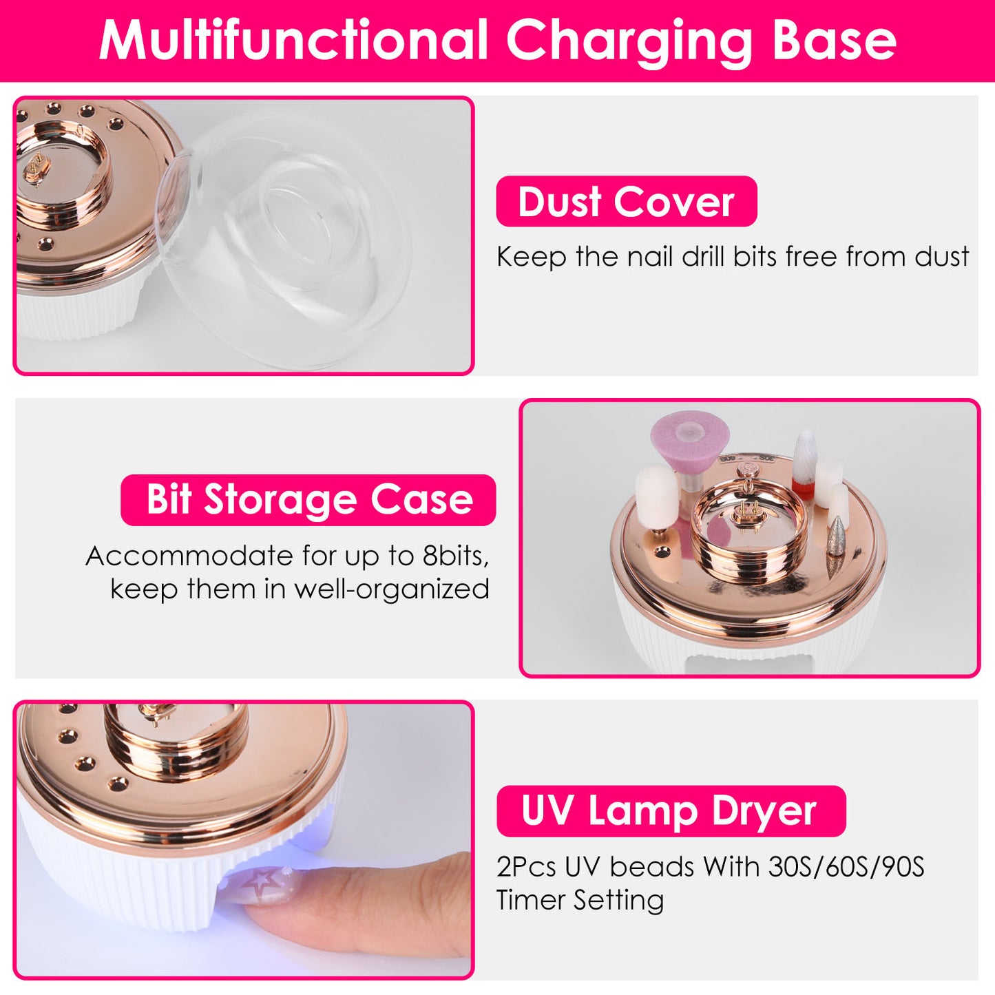 1Pc Portable Cordless Electric Nail Drill Kit Charging Base With UV Nail Dryer 6Pcs Nail Drill Bits 5Speeds Direction Control Timer Setting For Acrylic Gel Nails Polish Manicure Pedicure