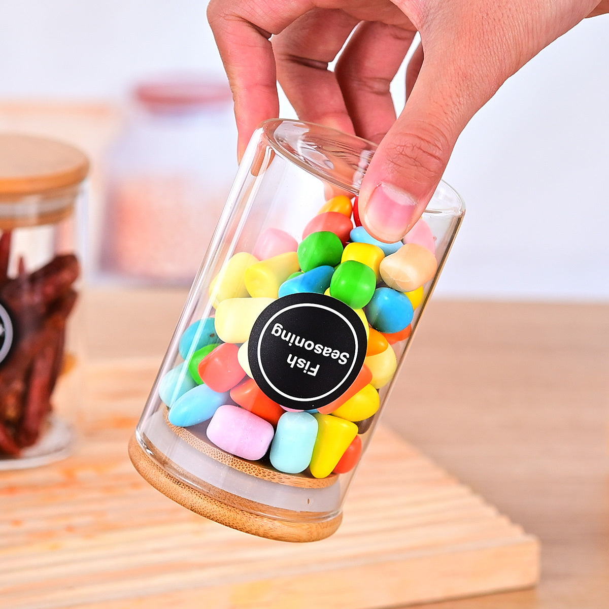 Round Glass Storage Jars - 12 Piece Set with Bamboo Lids & Stickers
