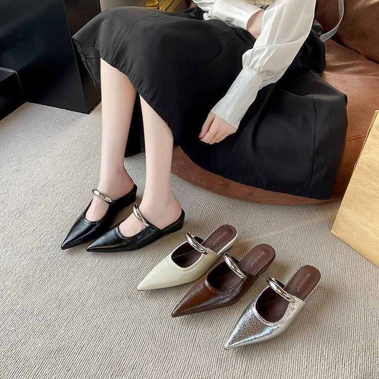 Pointed Toe Slip-on Mule Sandals With Chunky Heels