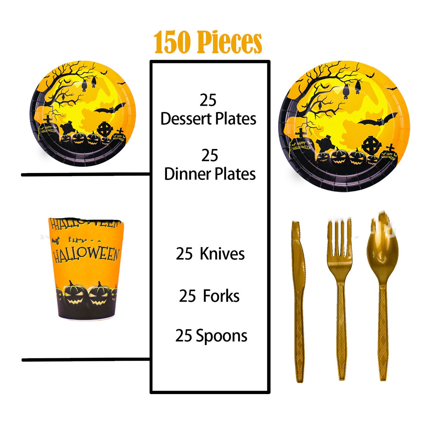Halloween Party Tableware Set - Paper Cups Plates & Towels