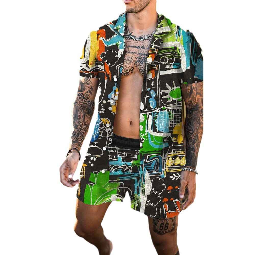 Men's 3D Printed Lapel Shirt - Casual Slim-Fit Short Sleeve Outfit