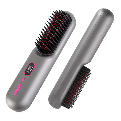 Grey-Black Options -- 1Pc Cordless Negative Ion Hair Straightener Brush Rechargeable Mini Styling Comb With 12 Heating Levels Anti-scald 30S Preheating 30Mins Auto Sleep LCD Display - DropOnline.co