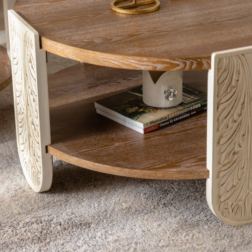 Carved Wooden Coffee Table, Retro End Table With Double-Layer Storage, Small Side Table For Living Room, Palace Style Bedside Table For Small Spaces
