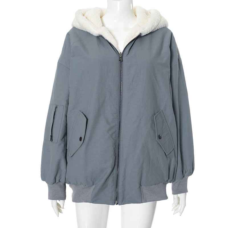 Double-sided Zipper Hooded Pocket Loose Thick Plush Coat