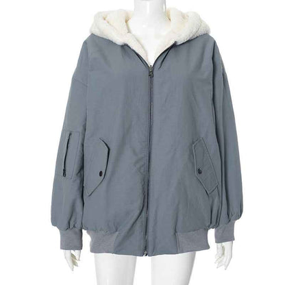 Double-sided Zipper Hooded Pocket Loose Thick Plush Coat