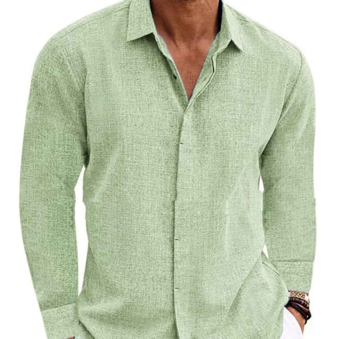 Men's Long Sleeve Cotton Linen Undershirt - Solid Color T-Shirt