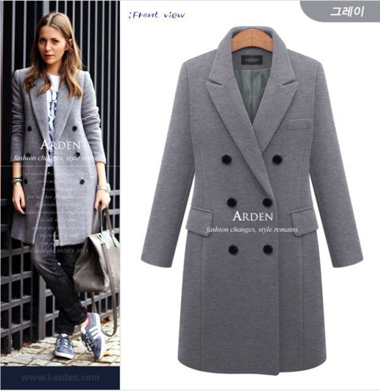 Women's Double-Breasted Woolen Coat - Long Winter Outerwear