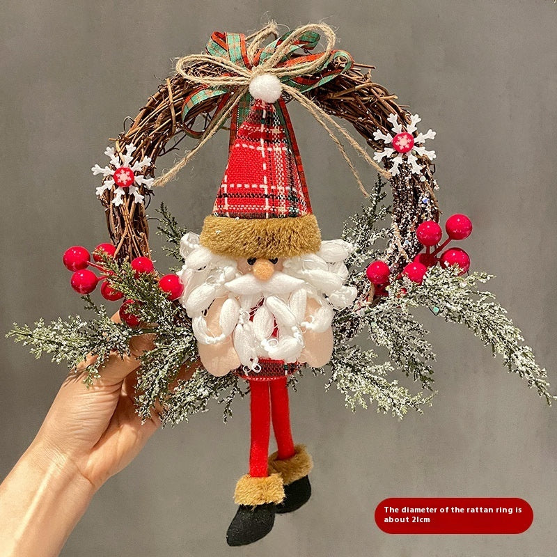 Christmas Wooden Vine Ring Wreath - Santa Claus Snowman Elk Pendant Decoration