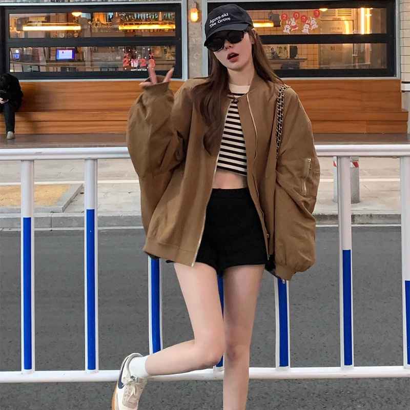 Retro Jacket Top Pilot Coffee Color Stand Collar