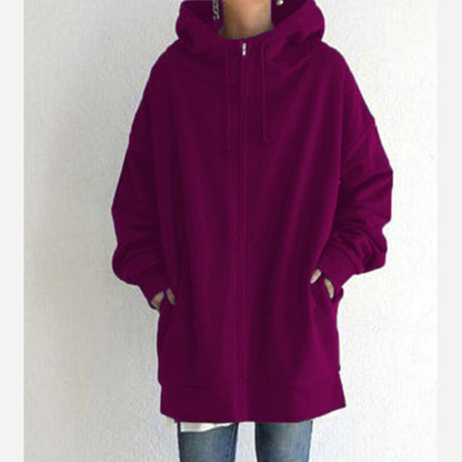 Women's Oversized Hooded Zip-Up Sweatshirt - Velvet-Lined Long Coat - DropOnline.co