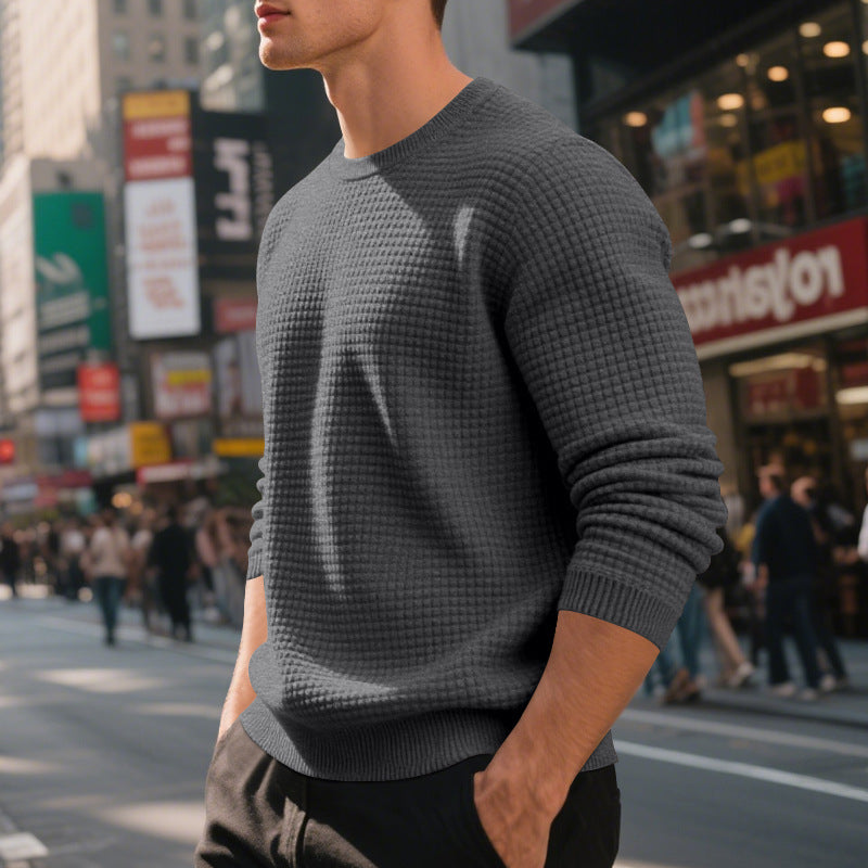 Men's Loose Simple Sports Jacquard Round Neck Sweater - Long Sleeve Athletic Top