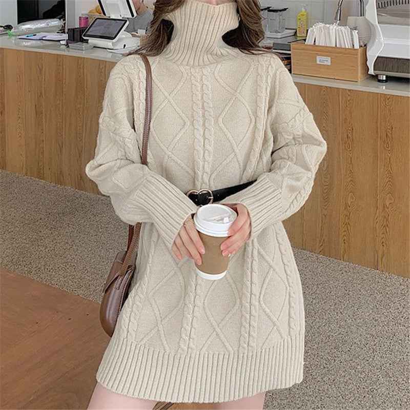 High-neck Design Cable Knit Sweater Women Autumn