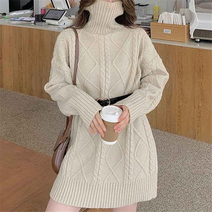 High-neck Design Cable Knit Sweater Women Autumn