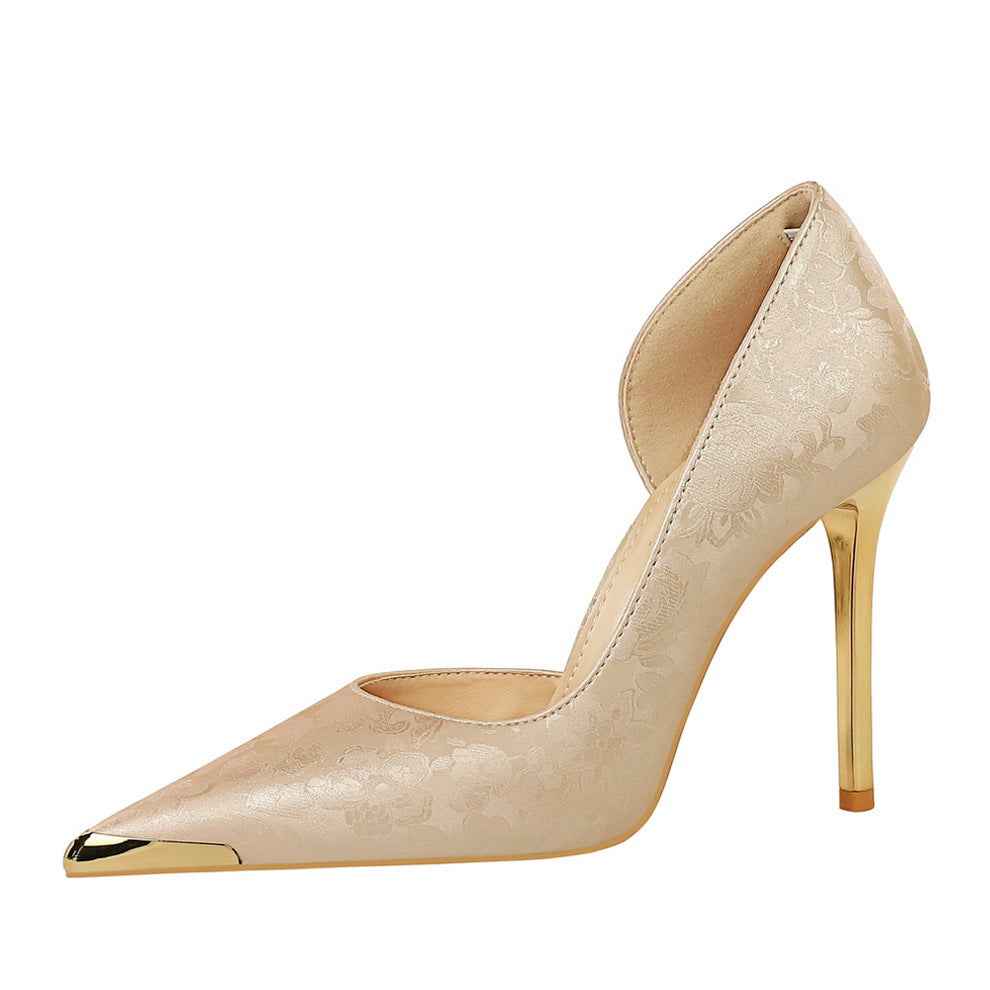 Satin Metal Pointed High Heel Thin Heel Shallow Single Shoes