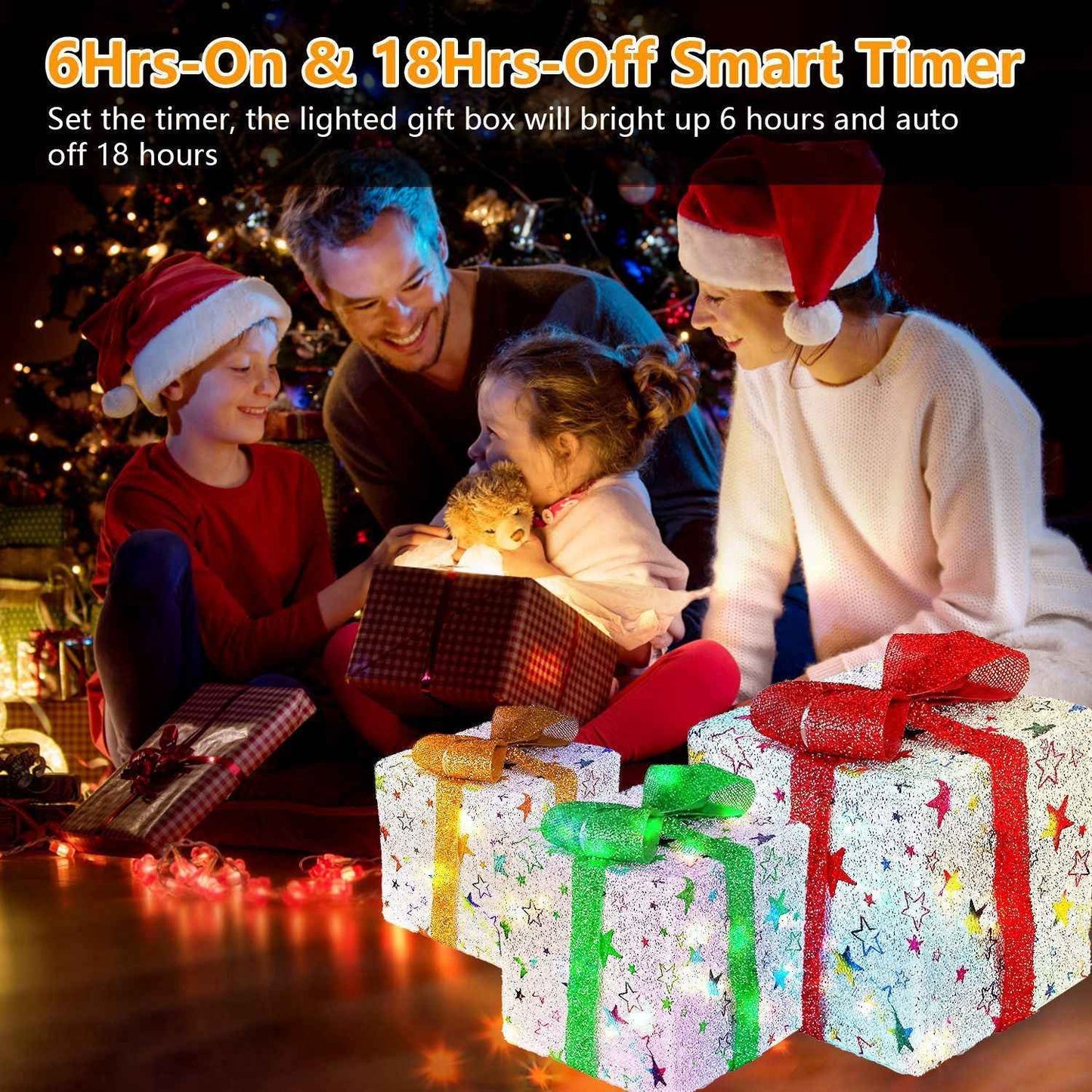 Set of 3 Christmas Lighted Gift Boxes - 50 LED Star/Deer Pattern IP44 Waterproof - DropOnline.co