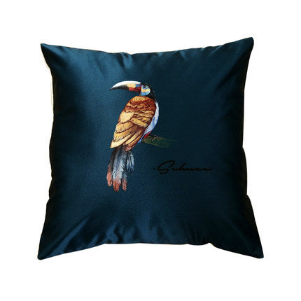 Modern rainforest bird green leaf print cushion cover