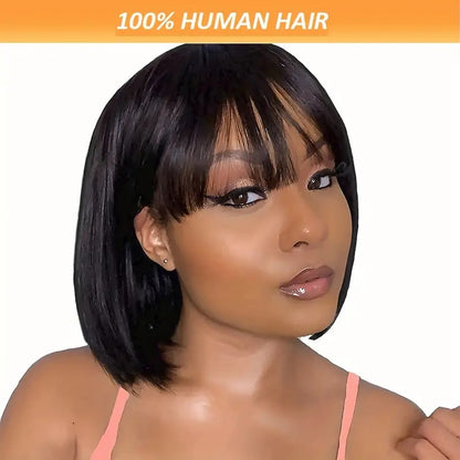 Brazilian Remy Non-toxic Wig, Straight Hair And Short Hair, Black. Human Hair Mechanism, Non-sticky And Non-toxic Wig With Bangs, Suitable For The Whole Scene. - DropOnline.co
