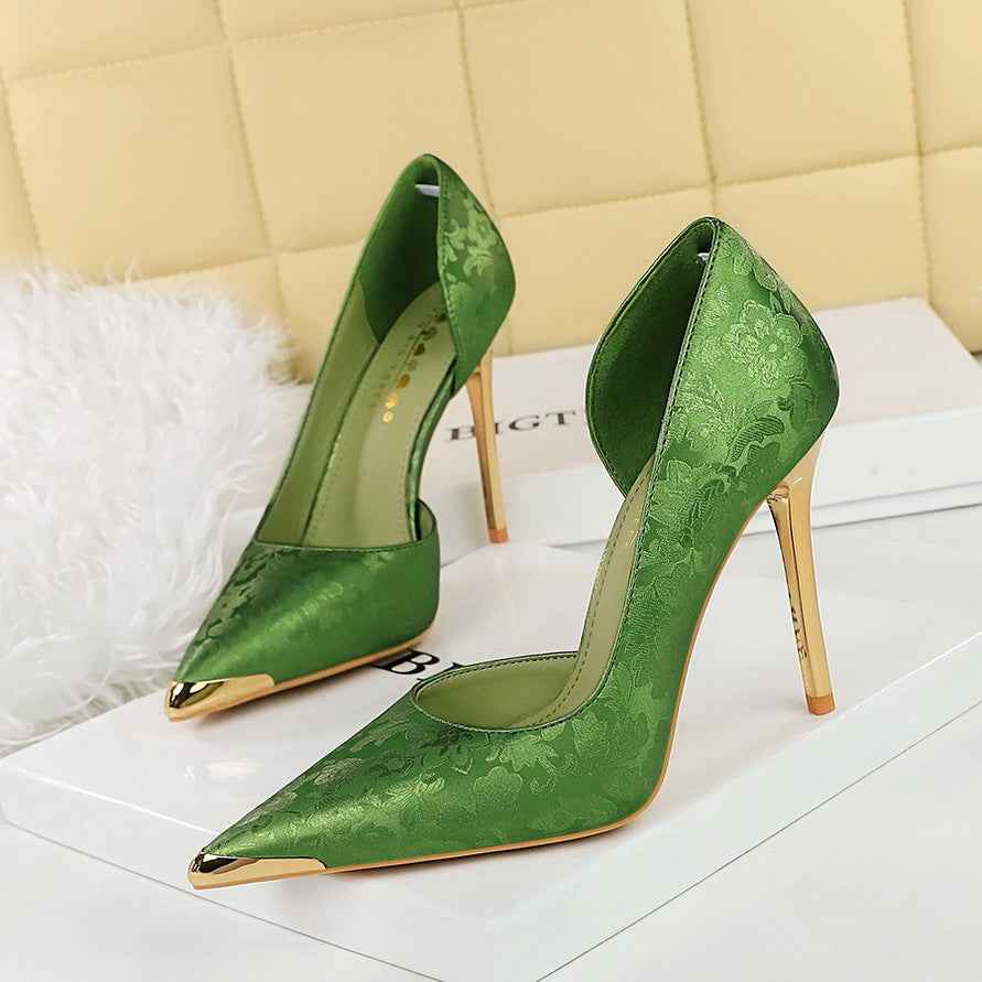 Satin Metal Pointed High Heel Thin Heel Shallow Single Shoes