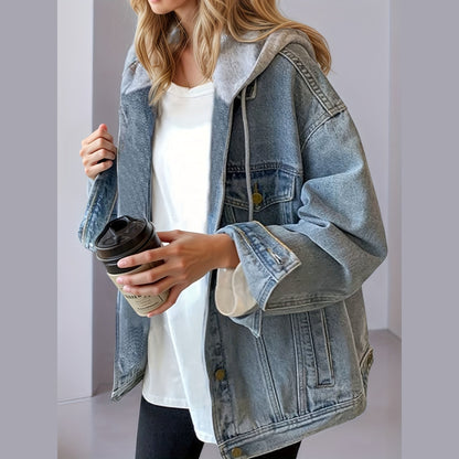Women's Hooded Denim Jacket, Oversized Retro Denim Jacket, Elastic And Loose, Comfortable And Lightweight - DropOnline.co