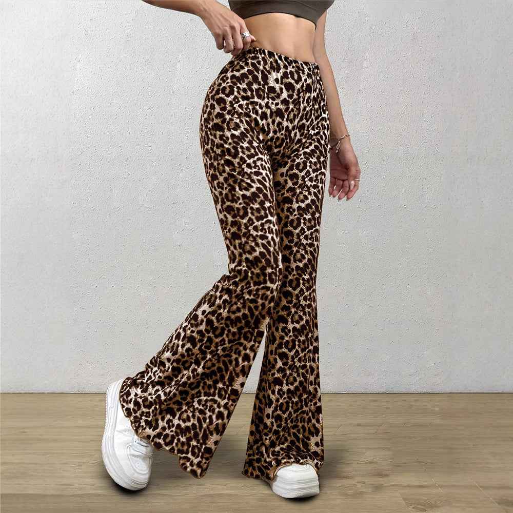 Casual Sexy Knitted Stretch Elastic Leopard Print Flared Pants