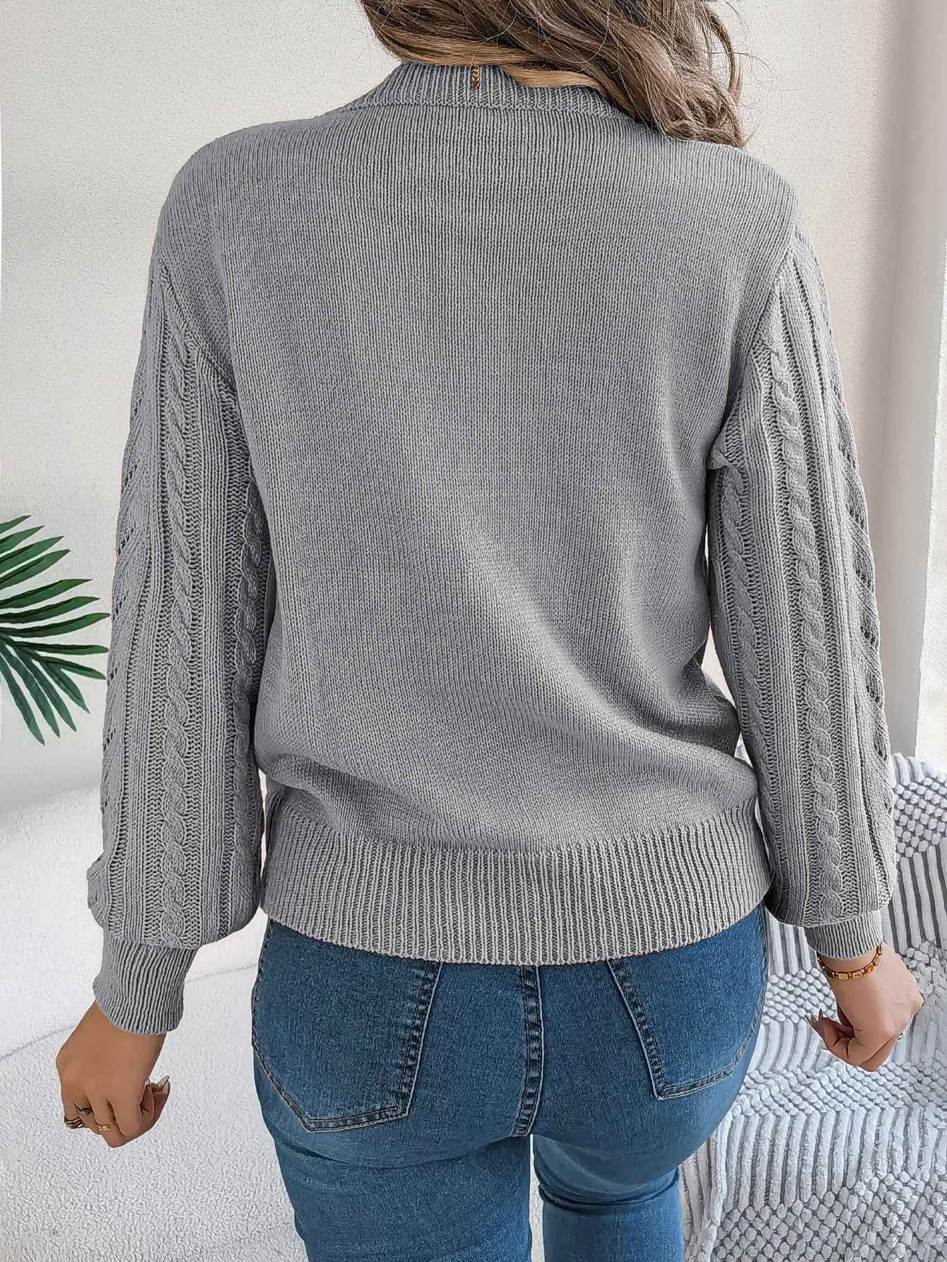 Women Casual Solid Color Hollow Out Lantern Sleeve Pullover Sweater