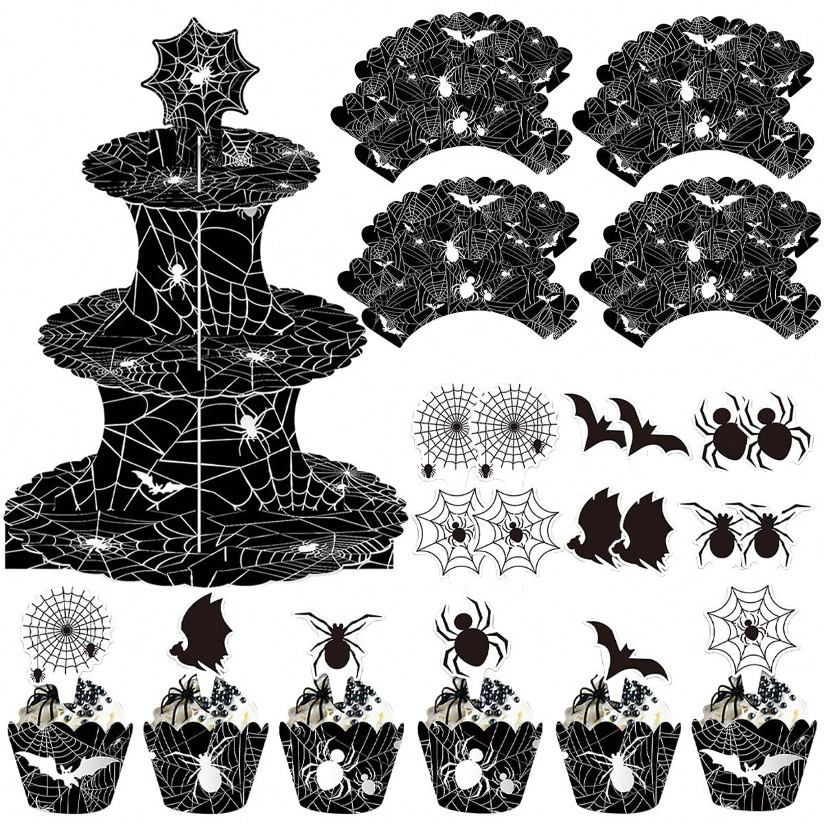 Halloween Three-Tier Cupcake Stand - Spider Web Design with Decorations