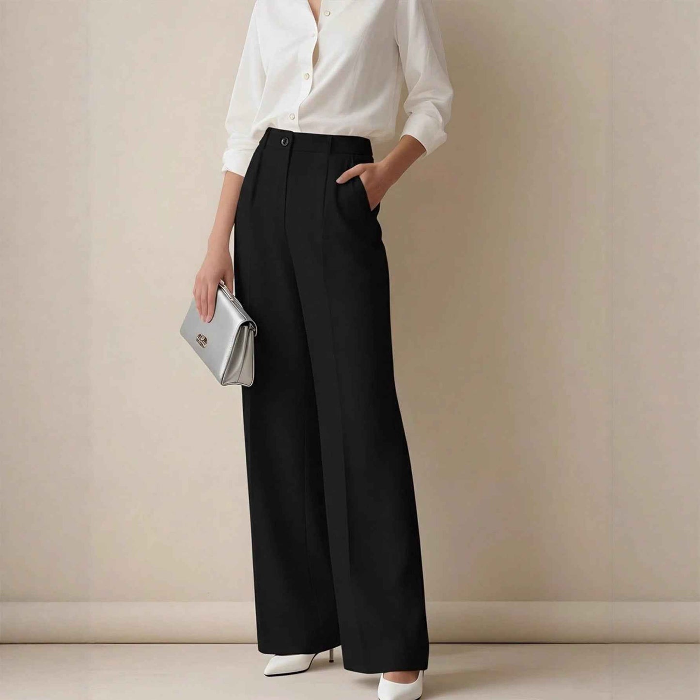 White High-waisted Loose Straight-leg Casual Pants
