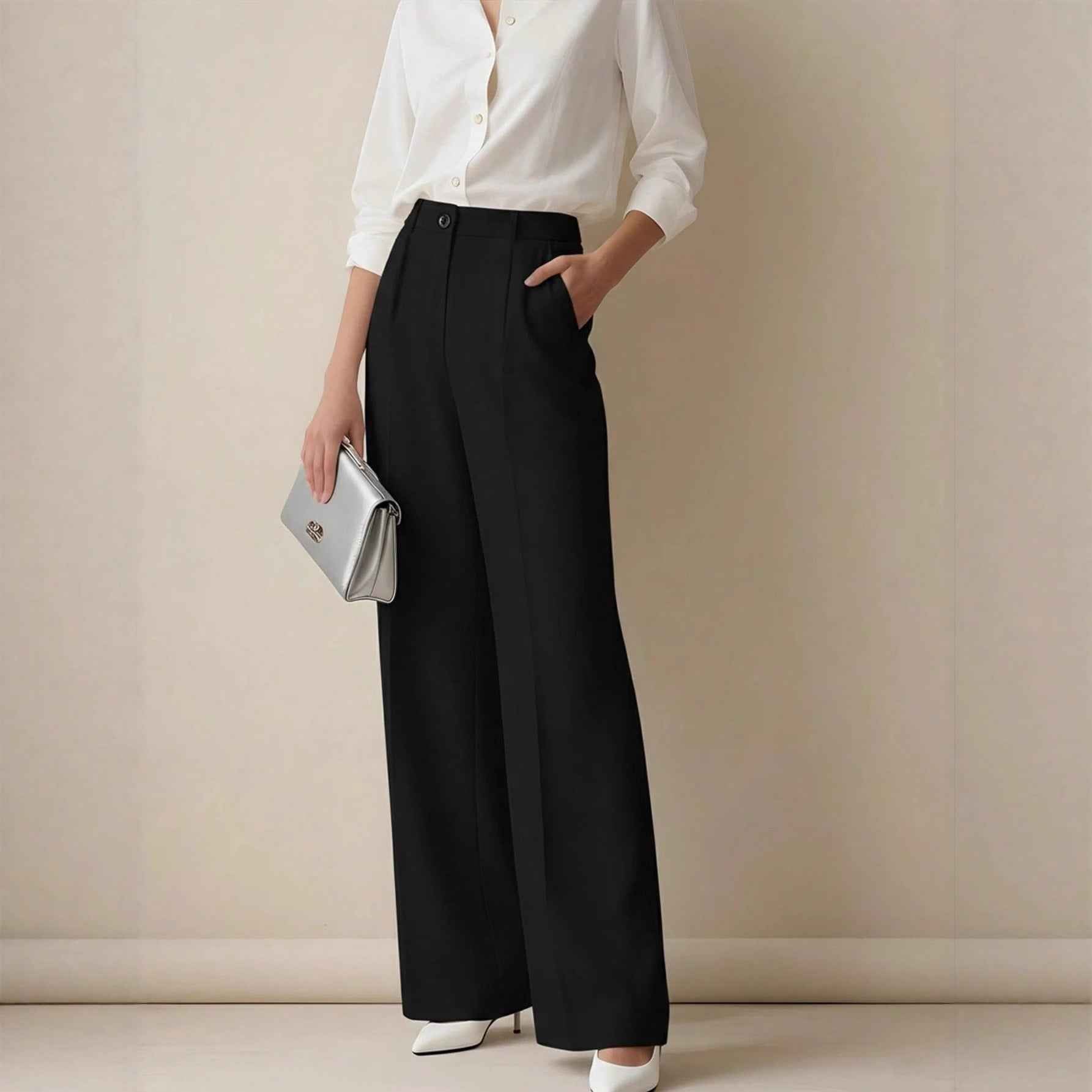 White High-waisted Loose Straight-leg Casual Pants