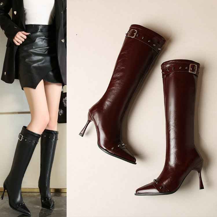 New Rivet Belt Buckle Fashionable Stiletto Stretch High Boots