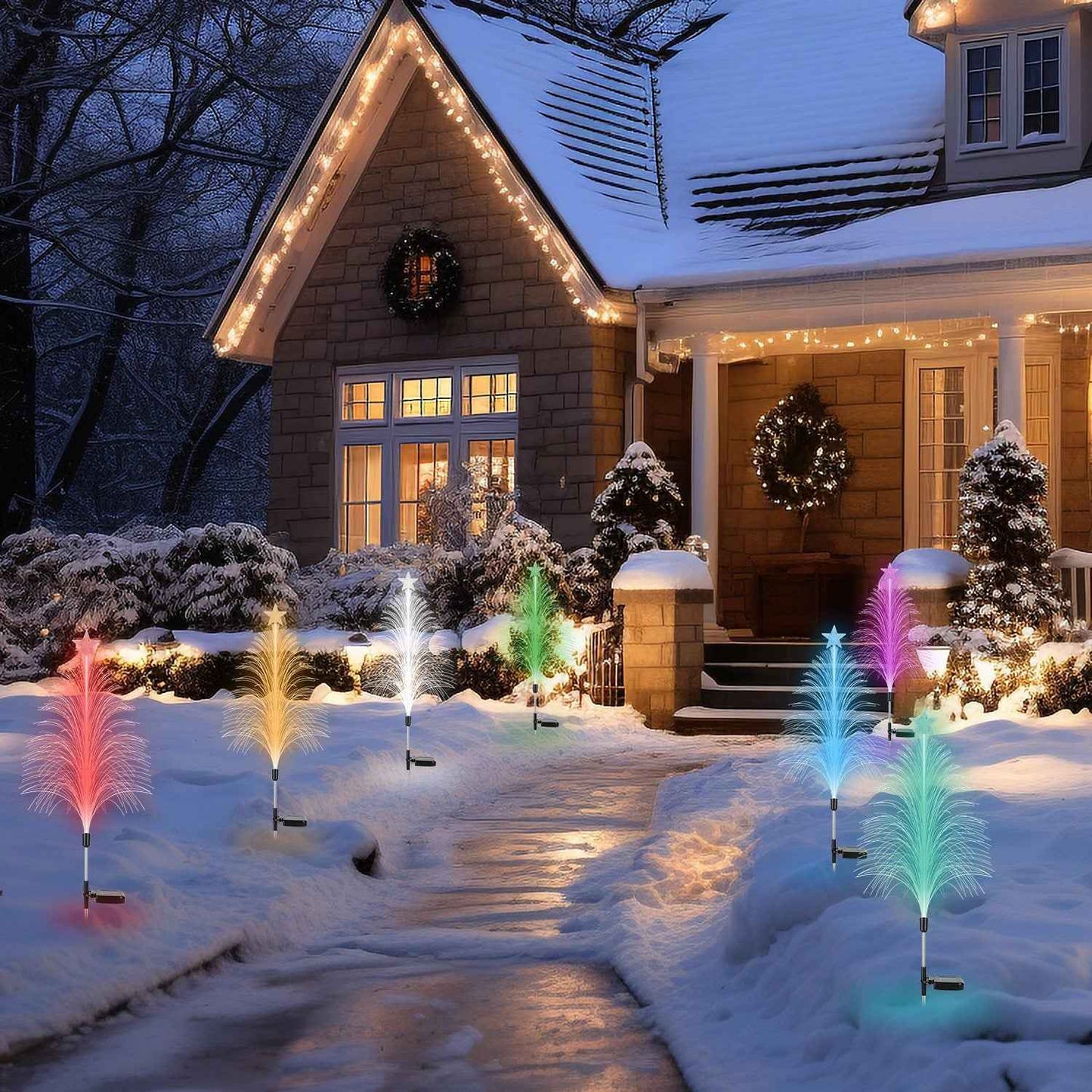 4Pack 7 Color Changing Solar Christmas Tree Lights - Optical Fiber Stake Lights - DropOnline.co