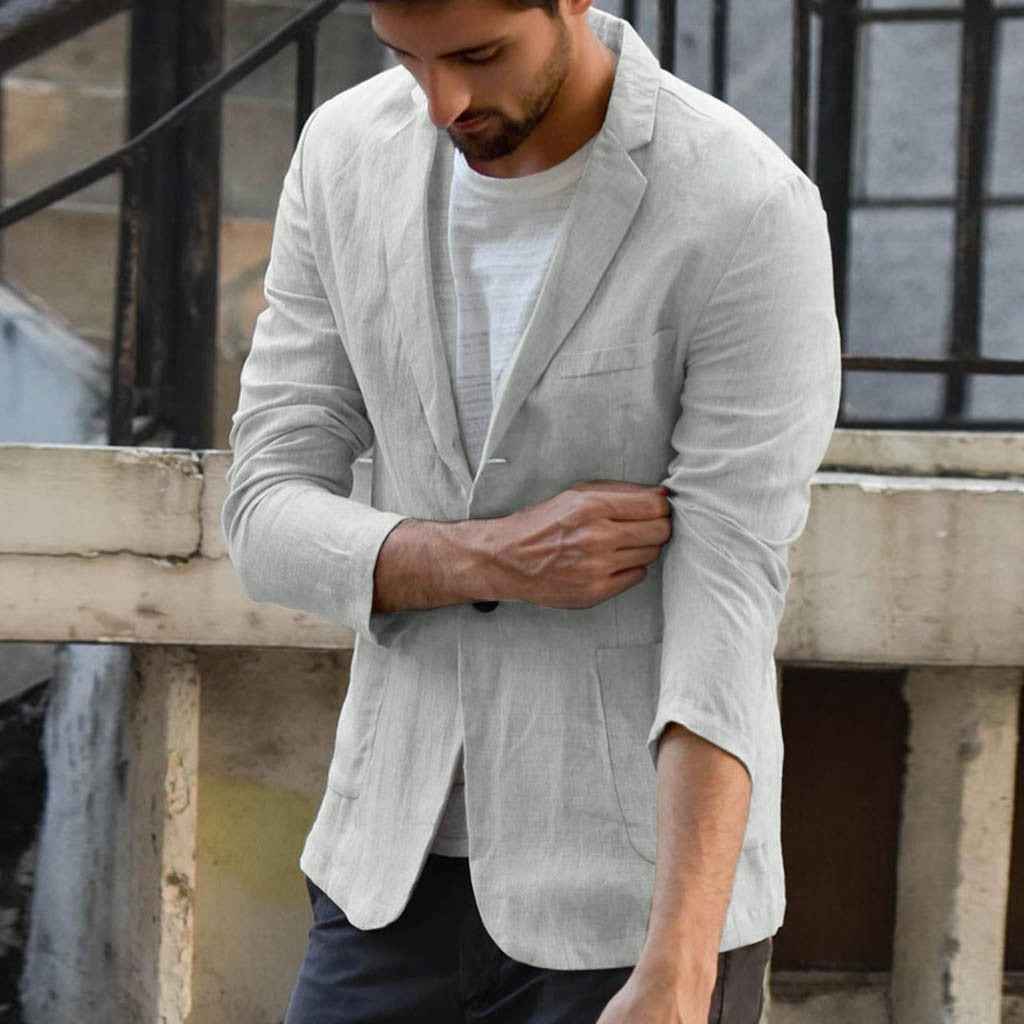 Men's Cotton Linen Solid Color Casual Suit Jacket - Lightweight Blazer
