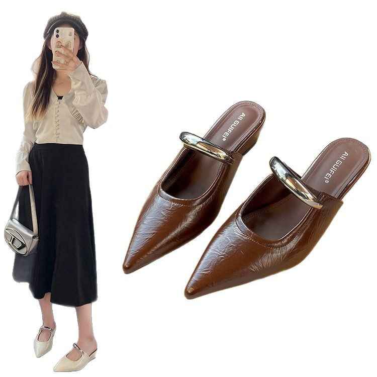 Pointed Toe Slip-on Mule Sandals With Chunky Heels