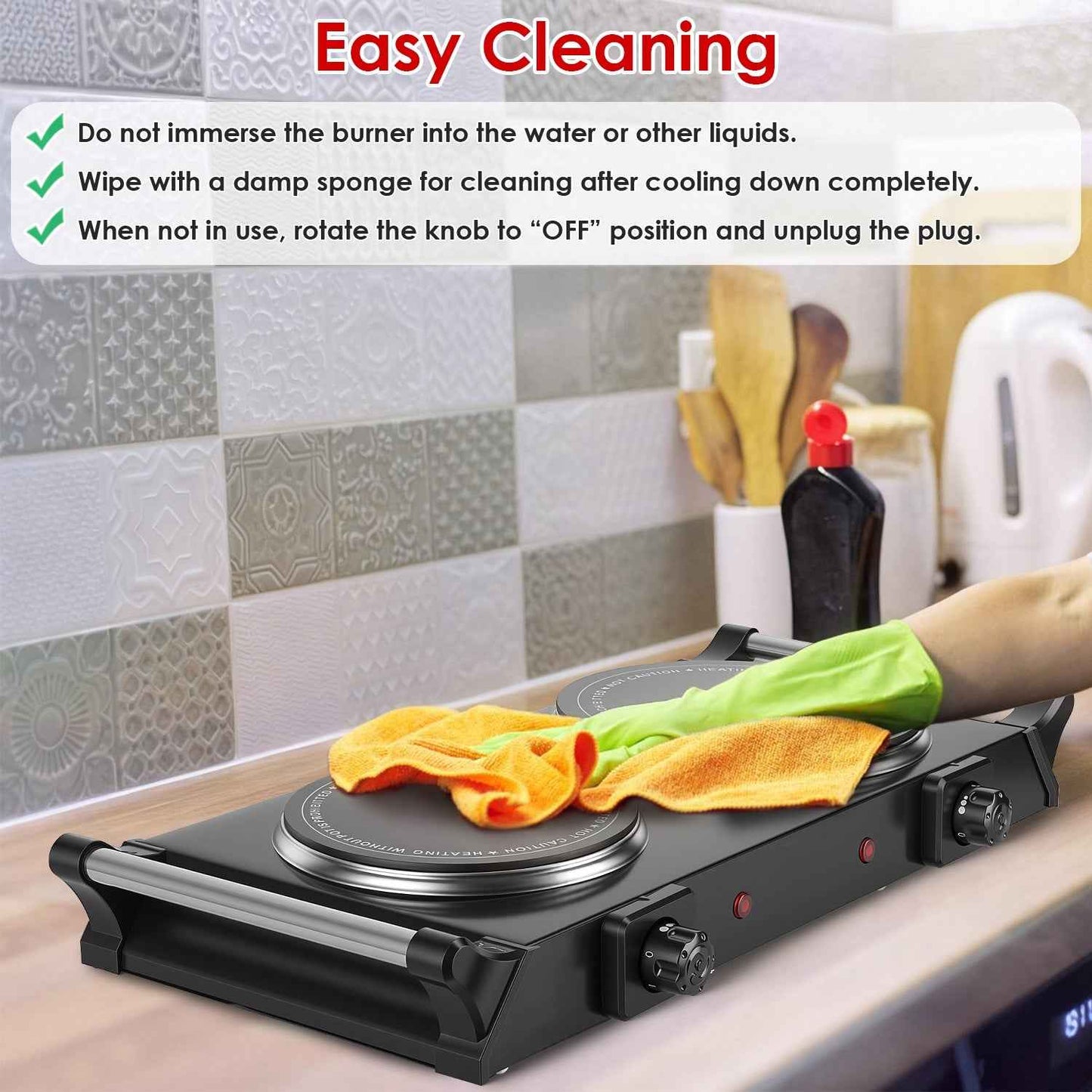 1800W Electric Double Burner Portable Heating Hot Plate Stove Countertop RV Hotplate With 5 Temperature Stepless Adjustments Portable Handles