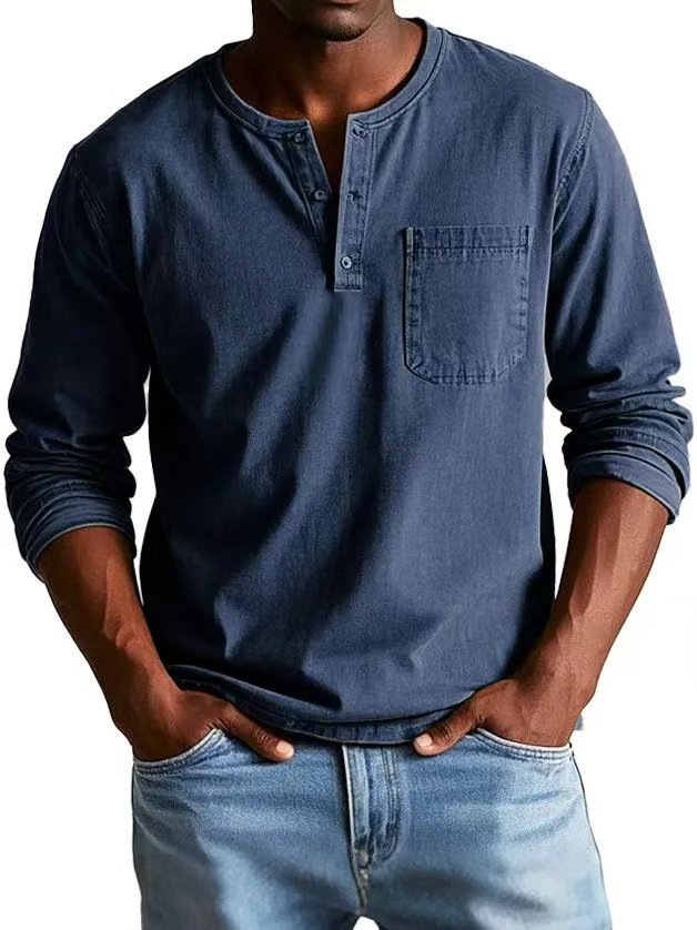 Men's V-Neck Long Sleeve T-Shirt - Button Design Casual Pullover