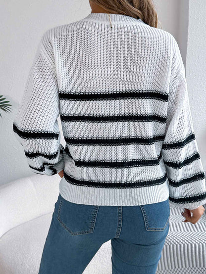 Women Casual Color Block Stripe Lantern Sleeve Pullover Sweater