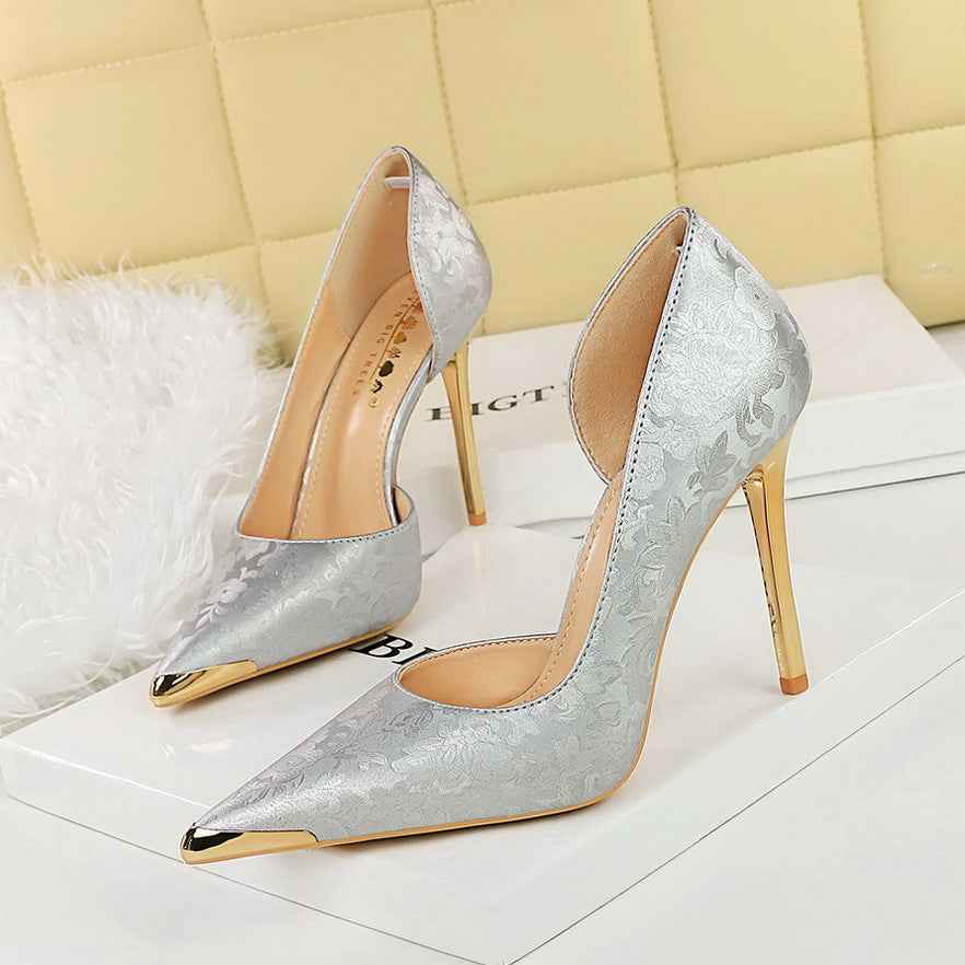 Satin Metal Pointed High Heel Thin Heel Shallow Single Shoes