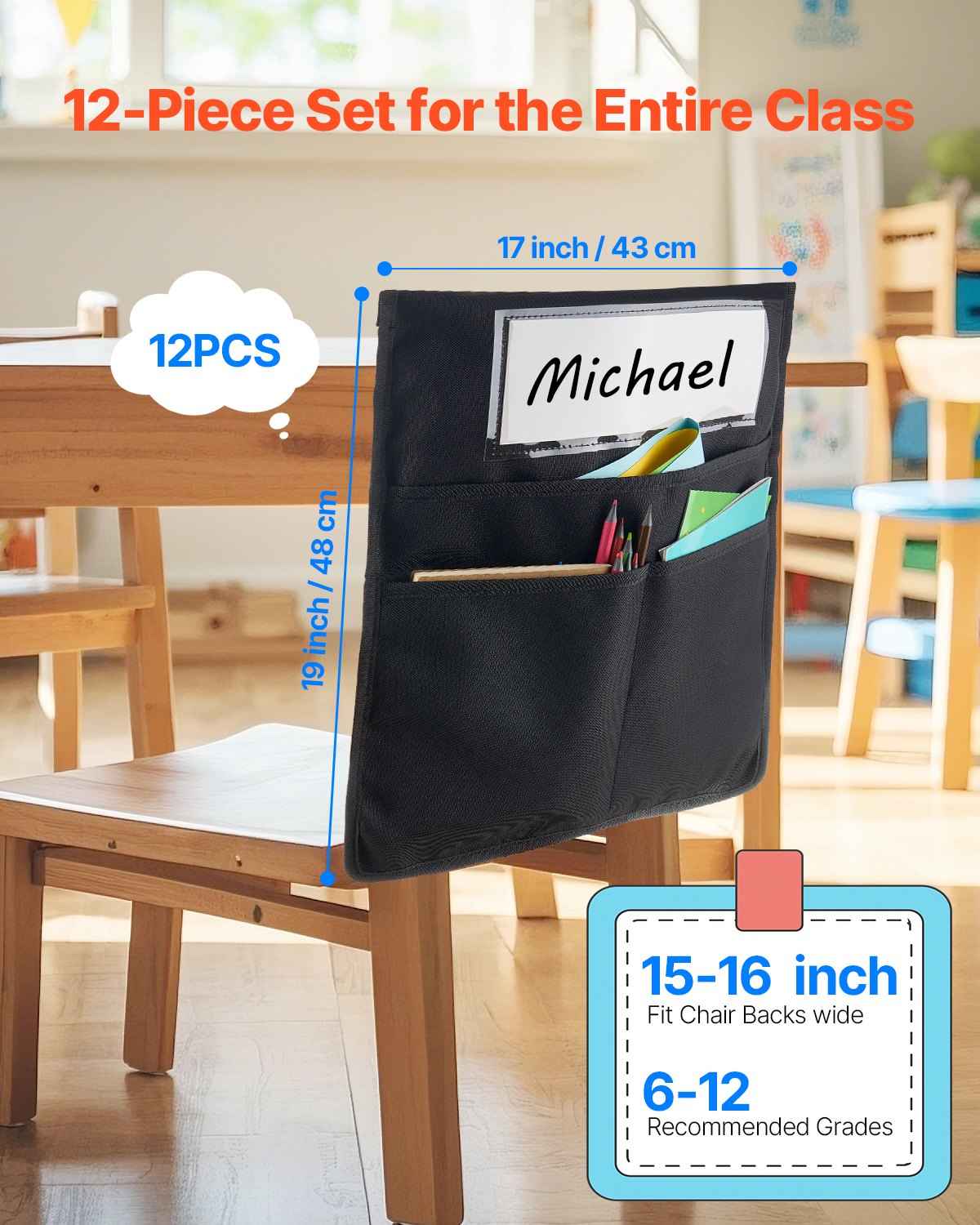 Chair Pockets For Classroom 12 Pack Seat Pocket With Name Tag Black