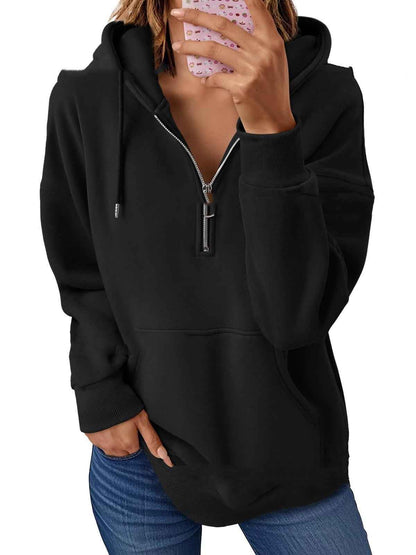 Zip Pocket Solid Color Hooded Sweatshirt