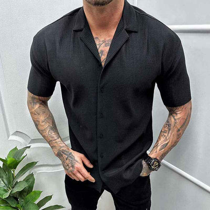 Men's Solid Color Short Sleeve Cardigan Shirt - Casual Button-Up