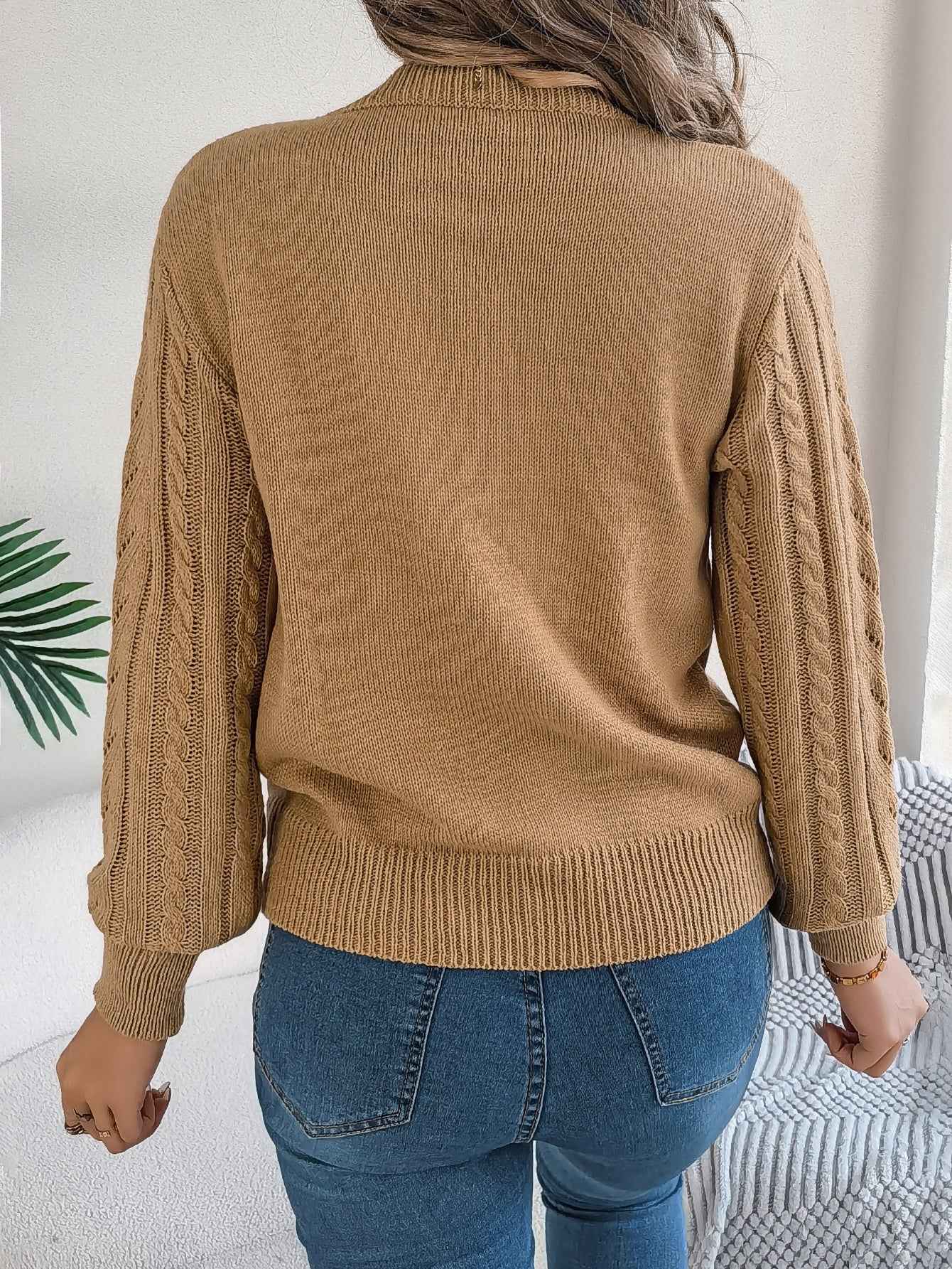 Women Casual Solid Color Hollow Out Lantern Sleeve Pullover Sweater