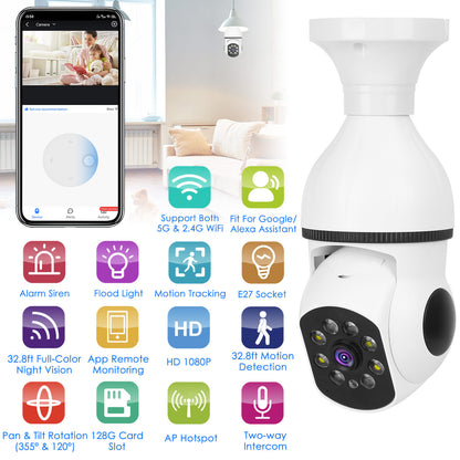 1Pc E27 WiFi Bulb Camera 1080P FHD WiFi IP Pan Tilt Security Surveillance Camera With Two-Way Audio Full Color Night Vision Flood Light Motion Tracking Siren Function APP Control - DropOnline.co