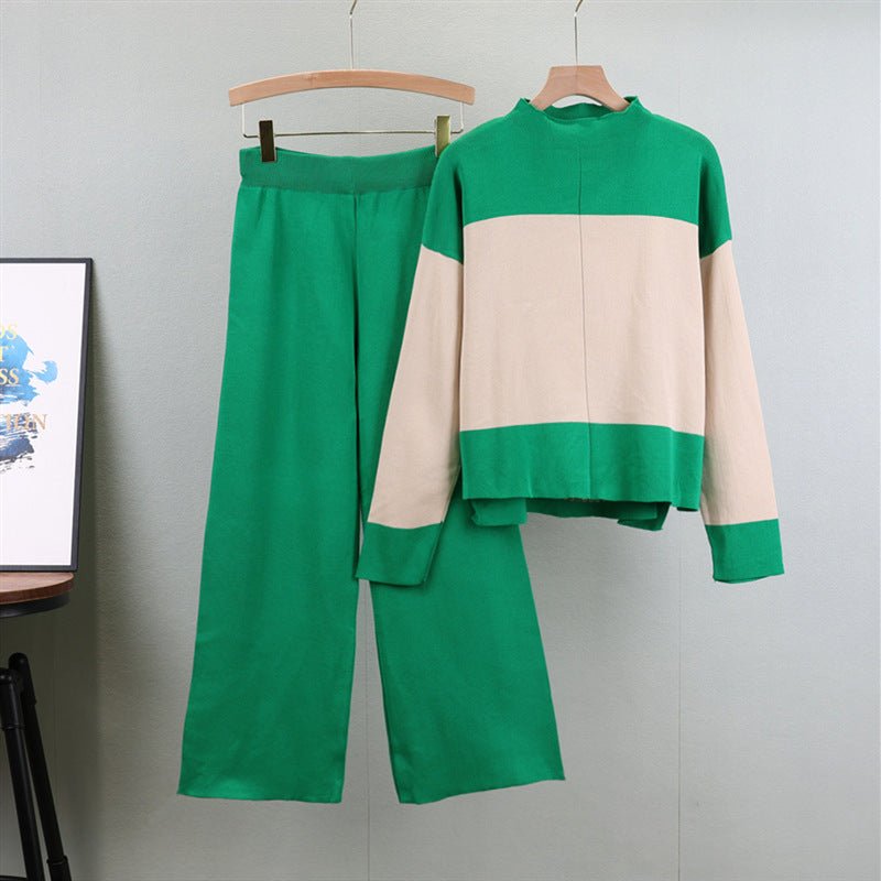 Loose Color-Blocked Sweater and Wide-Leg Pants Set - Trendy Two-Piece Outfit