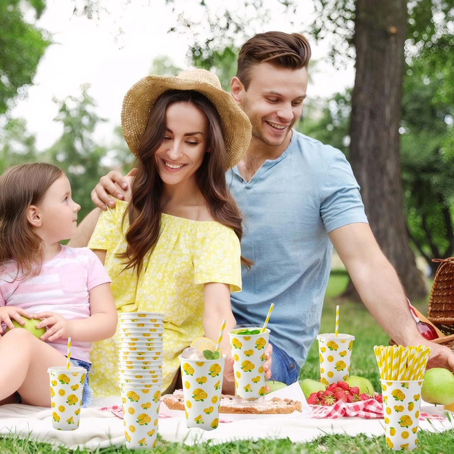 Lemonade Paper Cups Set - 180pcs with Lids & Straws 16oz