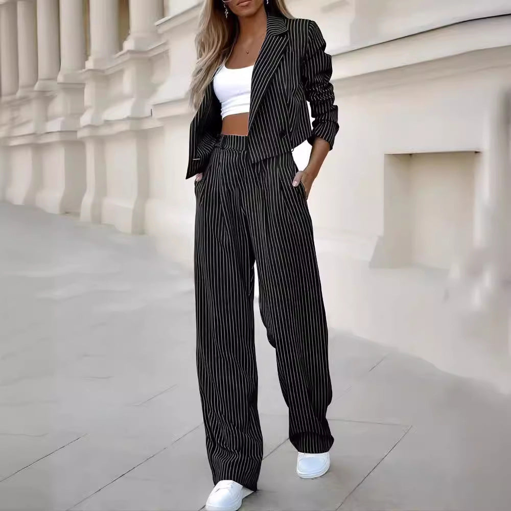 Women's Striped Suit Set - Elegant Short Lapel Jacket & Straight Pants